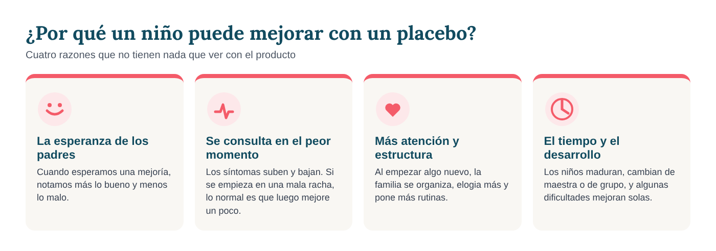 Cuatro razones por las que un niño puede mejorar con un placebo: la esperanza de los padres, consultar en el peor momento, más atención y estructura, y el tiempo y el desarrollo